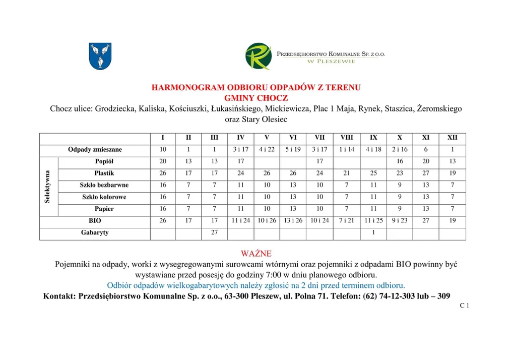 Odbiór śmieci w gminie Chocz