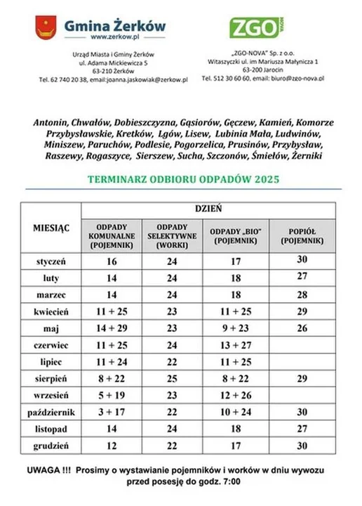 Harmonogram odbioru odpadów z gmin powiatu jarocińskiego