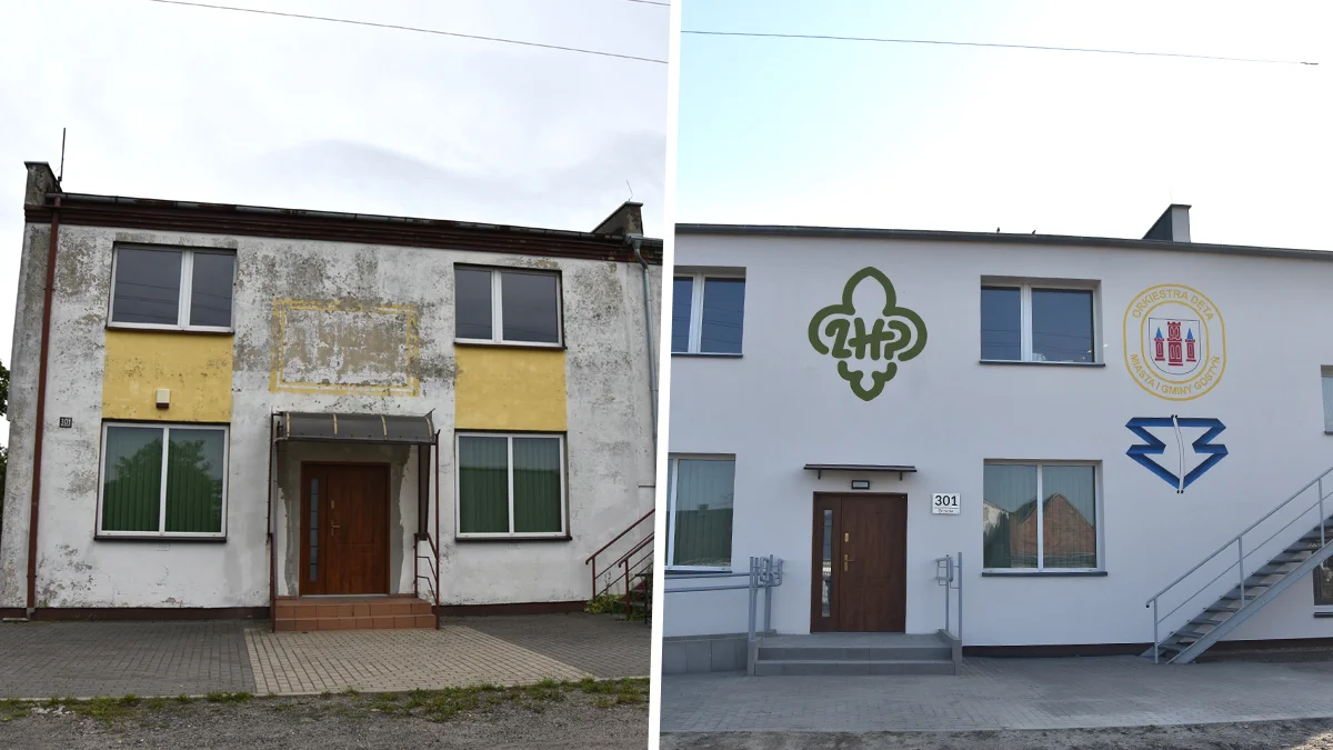 Świetlica wiejska w Brzeziu - przed i po rewitalizacji elewacji