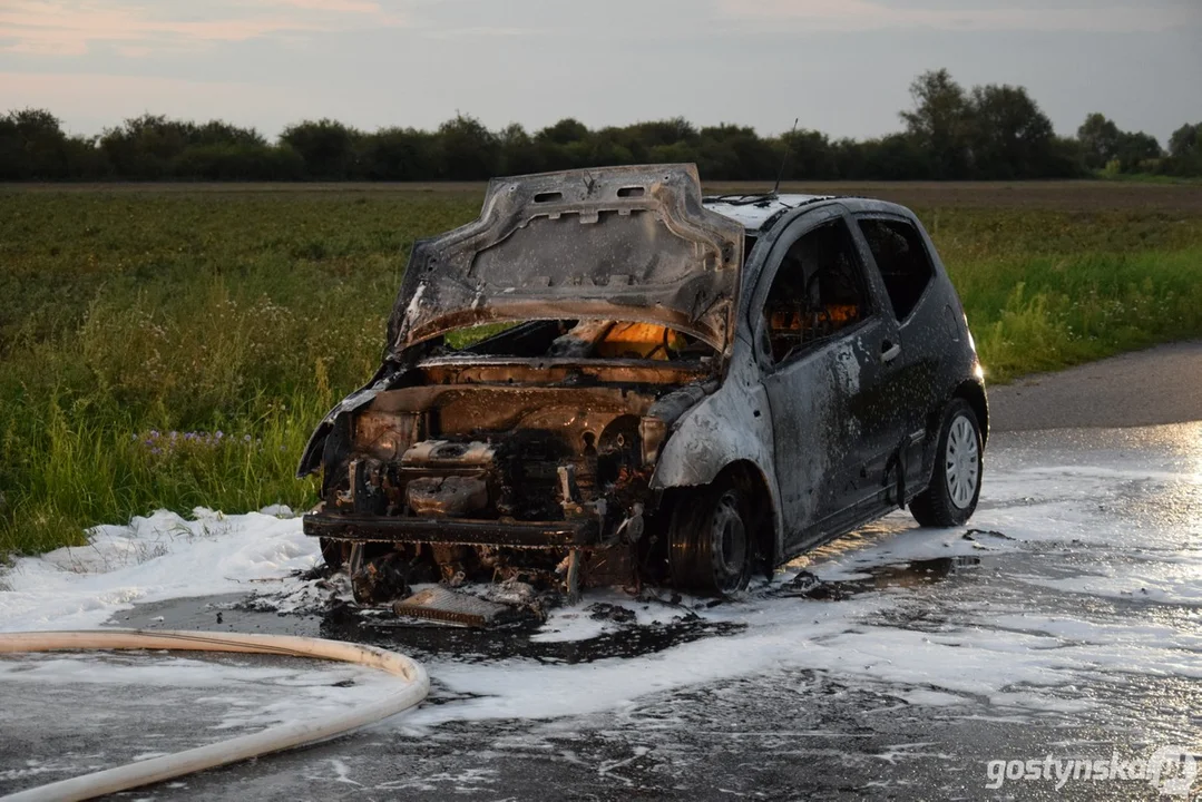 Pożar samochodu na trasie Krobia - Wymysłowo