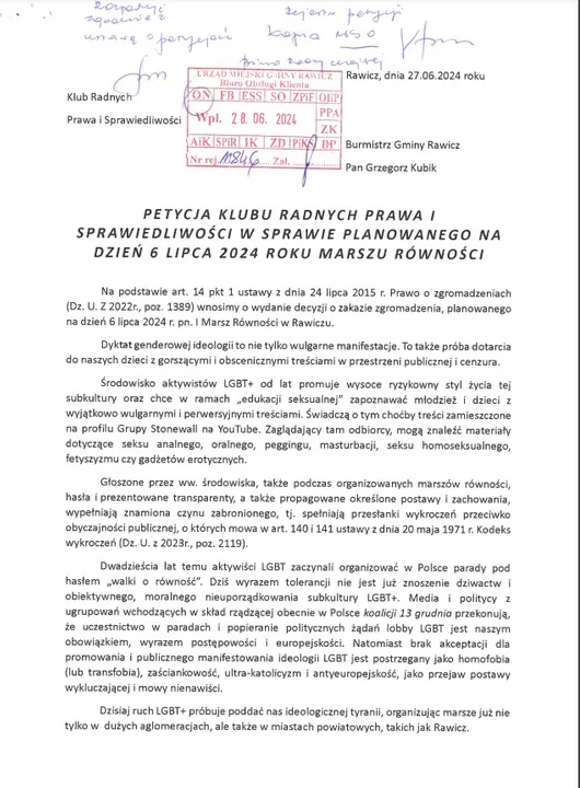Petycja klubu radnych Prawa i Sprawiedliwości w sprawie marszu równości w Rawiczu