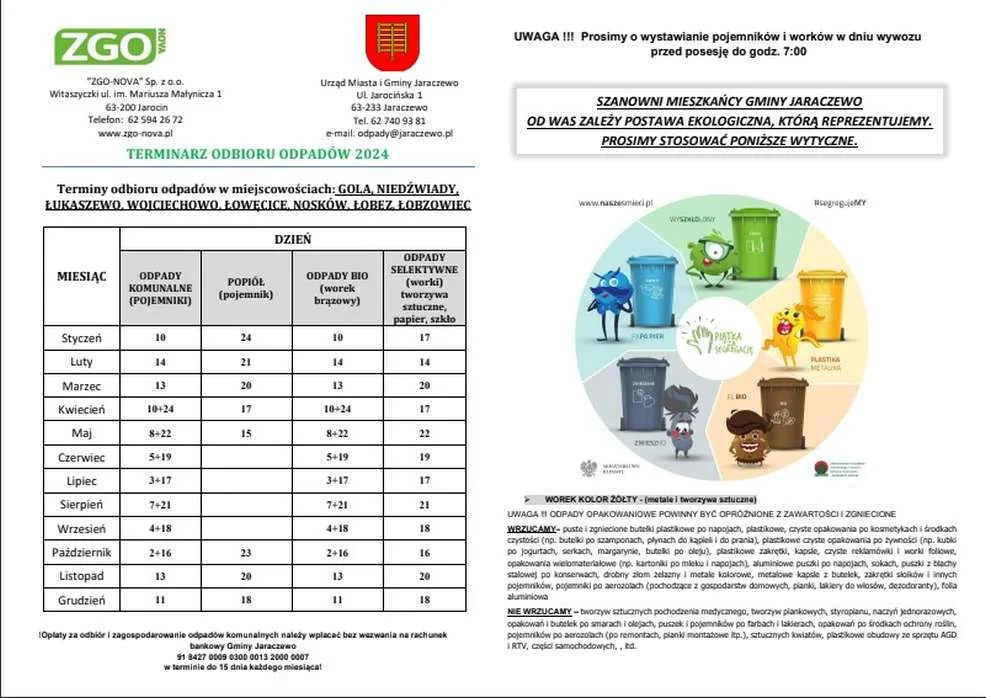 Harmonogramy odbioru odpadów w gminach powiatu jarocińskiego w 2024 r.