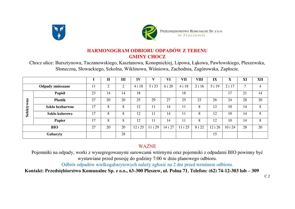 Odbiór śmieci w gminie Chocz