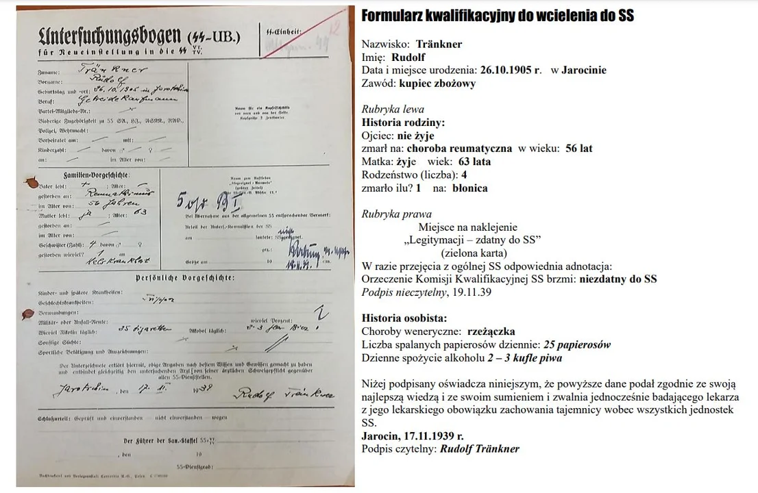 Formularz kwalifikacyjny do SS Rudolfa  Tränknera z Archiwum IPN w Warszawie