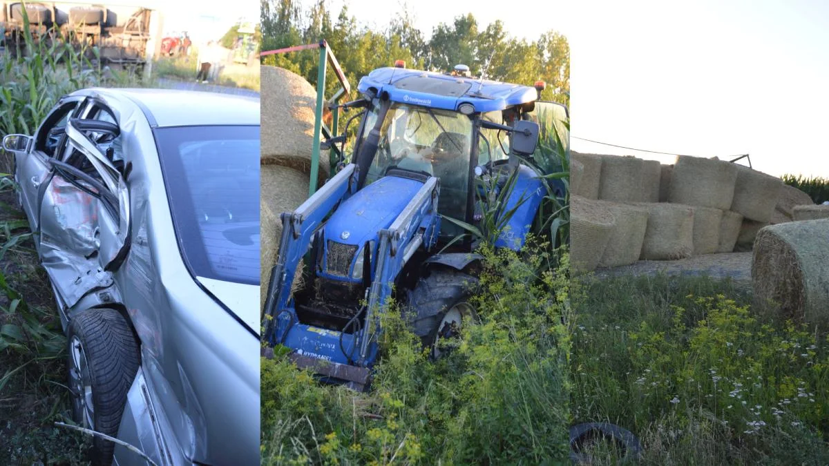 Groźne zderzenie ciągnika rolniczego z mercedesem. 18-letni kierowca osobówki i jego kuzyn cudem uniknęli tragedii