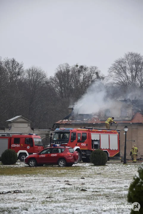 Pożar pałacu w Pępowie. Straż pożarna porządkuje pogorzelisko