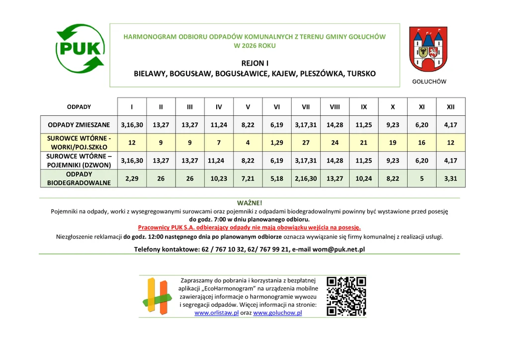 Harmonogram odbioru odpadów w gminie Gołuchów w 2026 roku