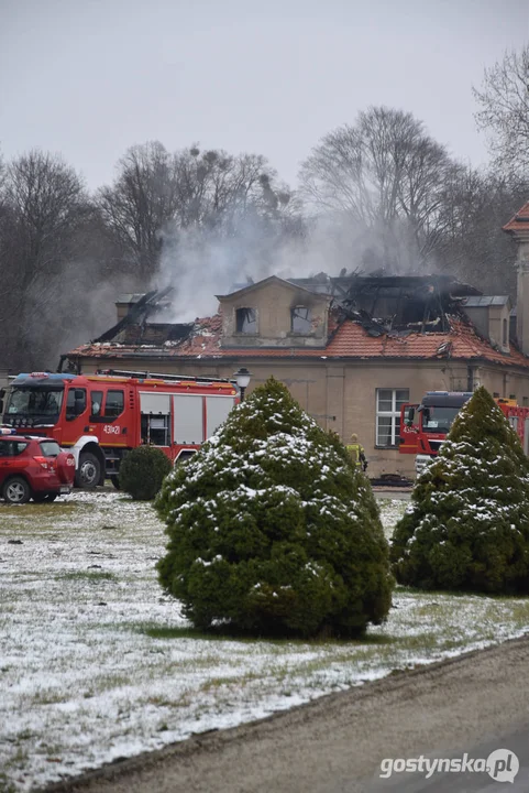 Pożar pałacu w Pępowie. Straż pożarna porządkuje pogorzelisko
