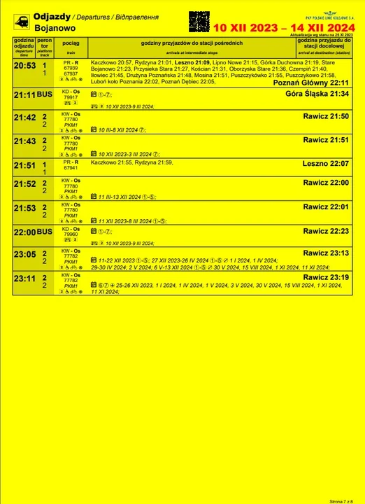 Rozkład jazdy pociągów 2023/2024 dla stacji Bojanowo