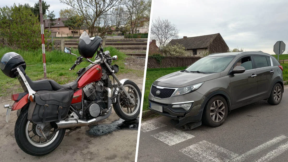 W Poniecu w auto osobowe zderzyło się z motocyklem. Pasażer ma złamaną nogę - Zdjęcie główne