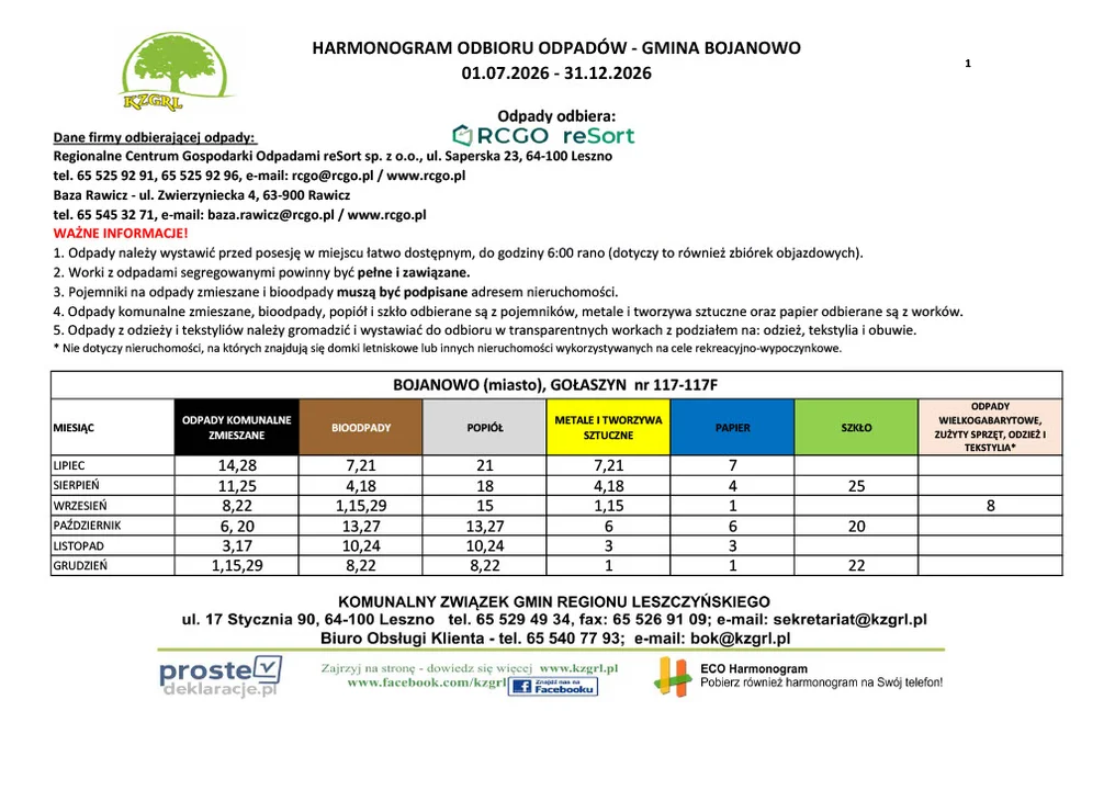 Harmonogramy odbioru śmieci, powiat rawicki, II półrocze 2026