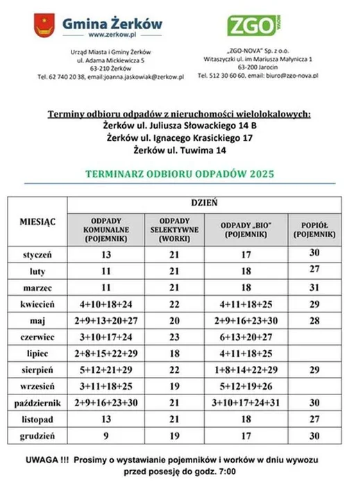 Harmonogram odbioru odpadów z gmin powiatu jarocińskiego