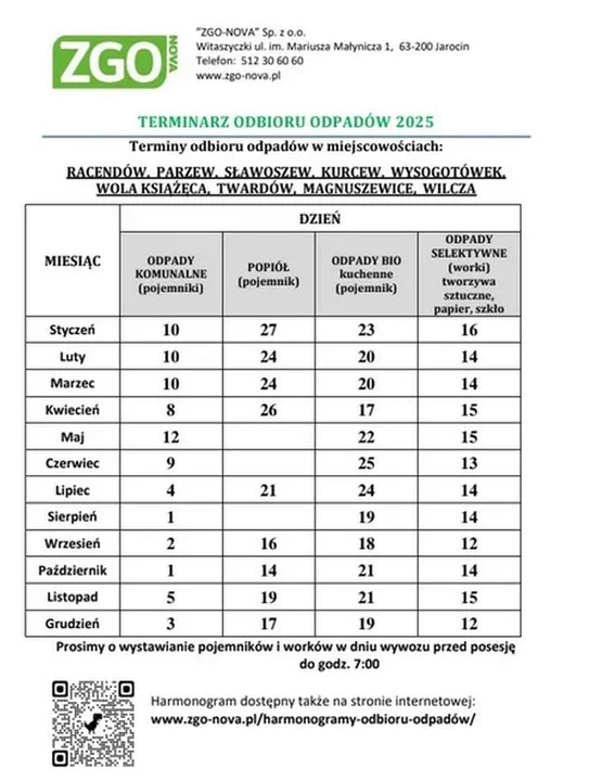 Harmonogram odbioru odpadów z gmin powiatu jarocińskiego