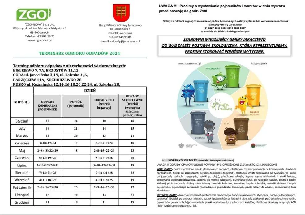 Harmonogramy odbioru odpadów w gminach powiatu jarocińskiego w 2024 r.