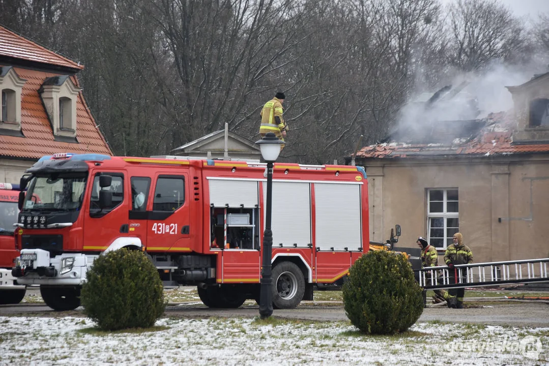 Pożar pałacu w Pępowie. Straż pożarna porządkuje pogorzelisko