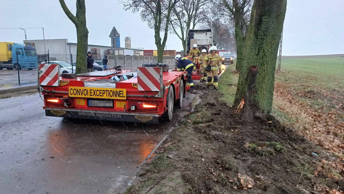 Zdarzenie drogowe na trasie Żerków-Chrzan. Naczepa uderzyła w drzewo [ZDJECIA] - Zdjęcie główne