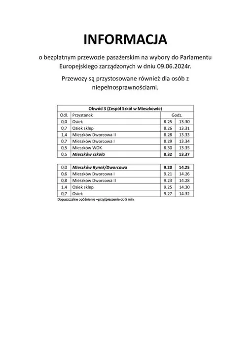 Wykaz bezpłatnych kursów wutobusów komunikacji miejskiej w dniu Eurowyborów