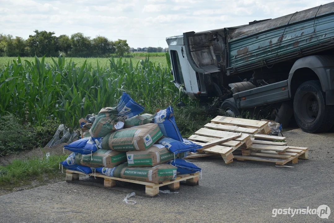 Wypadnięcie z drogi ciężarówki z paszą na trasie Wymysłowo-Krobia