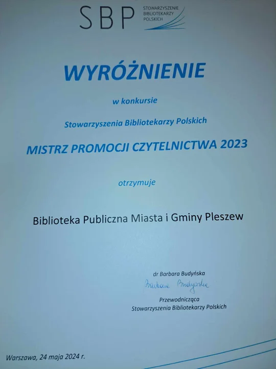 Wyróżnienie dla Biblioteki Publicznej Miasta i Gminy Pleszew