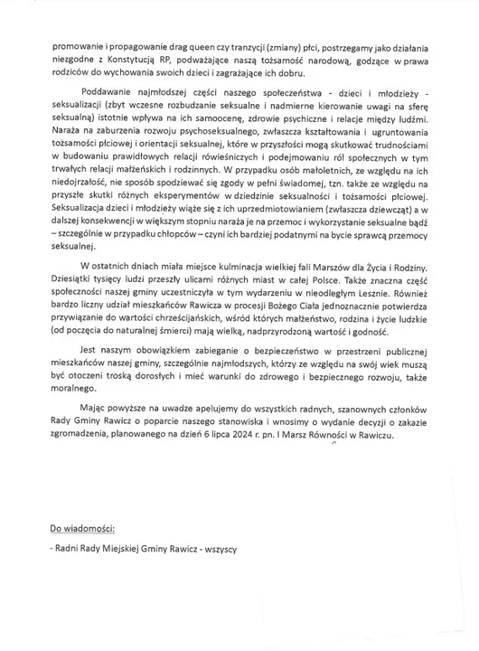 Petycja klubu radnych Prawa i Sprawiedliwości w sprawie marszu równości w Rawiczu