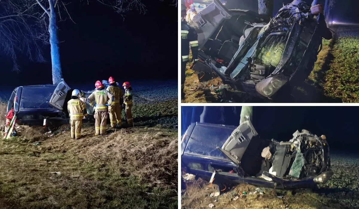 Gmina Kobylin. Samochód uderzył w drzewo. Kierowca zakleszczony w rozbitym pojeździe [ZDJĘCIA] - Zdjęcie główne