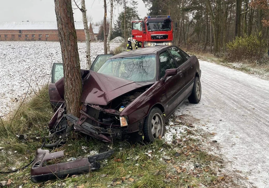 Samochód uderzył w drzewo w Pieruchach [ZDJĘCIA] - Zdjęcie główne