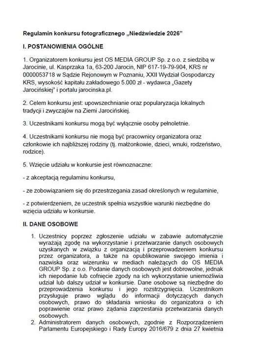 KONKURS Fotograficzny Niedźwiedzie 2026. REGULAMIN