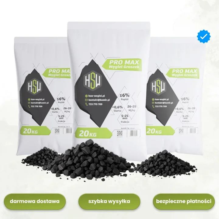 Węgiel groszek HSW PRO MAX charakteryzuje się minimalną ilością popiołu