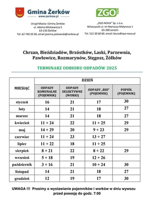 Harmonogram odbioru odpadów z gmin powiatu jarocińskiego