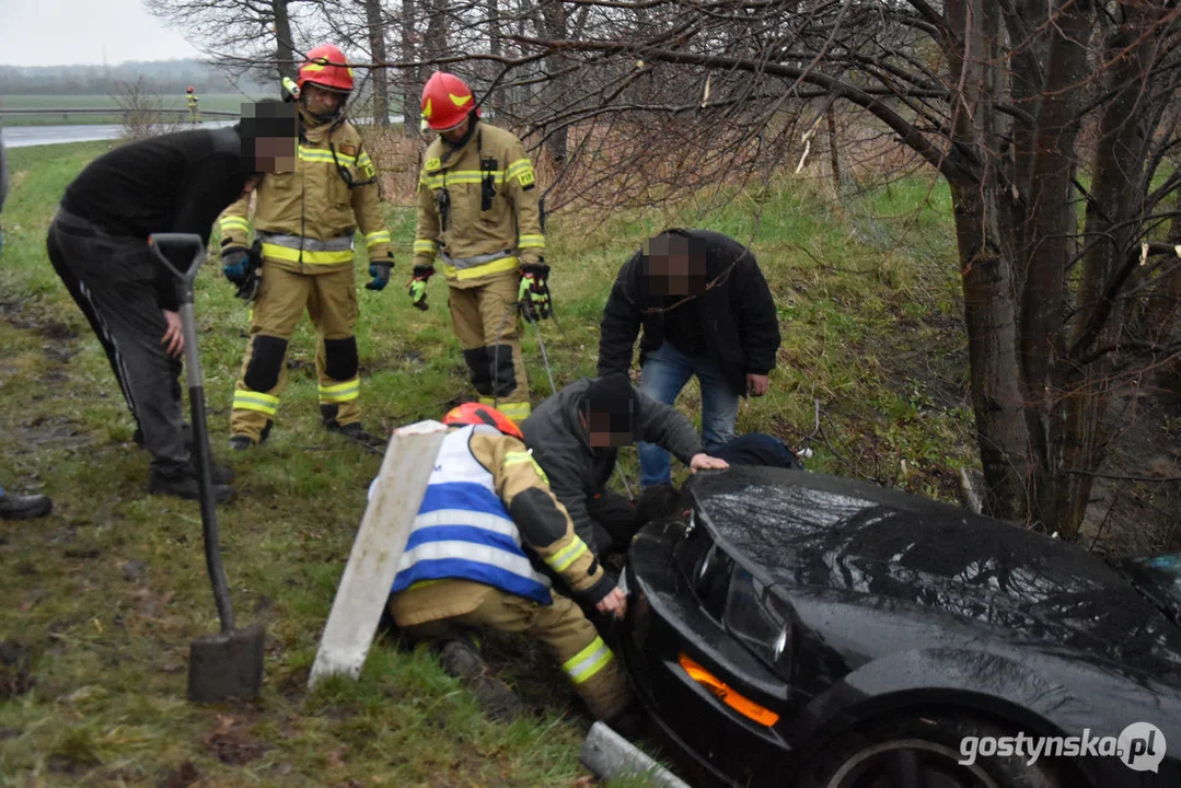 Mustang wpadł do stawu. Straż pożarna z Gostynia w akcji