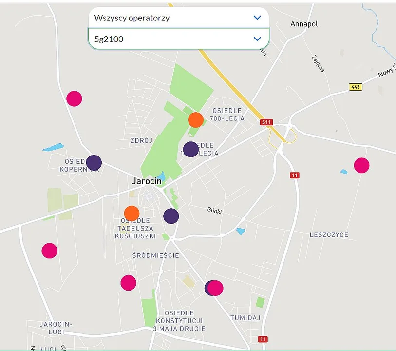 Lokalizacja anten - 11 - na terenie Jarocina nadających 5 G