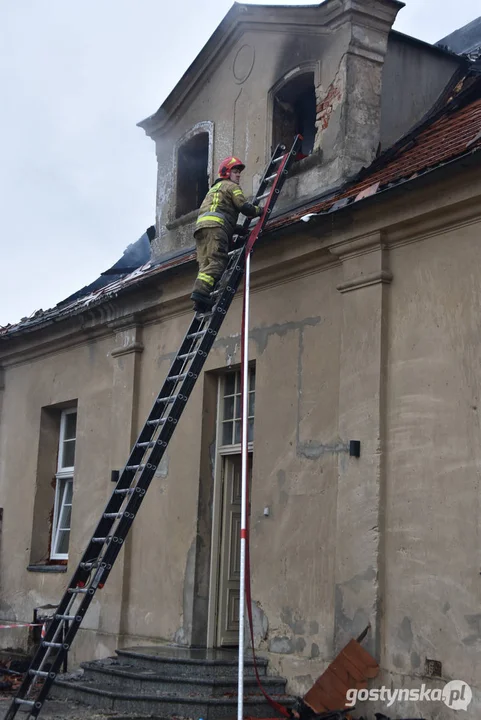 Pożar pałacu w Pępowie. Straż pożarna porządkuje pogorzelisko