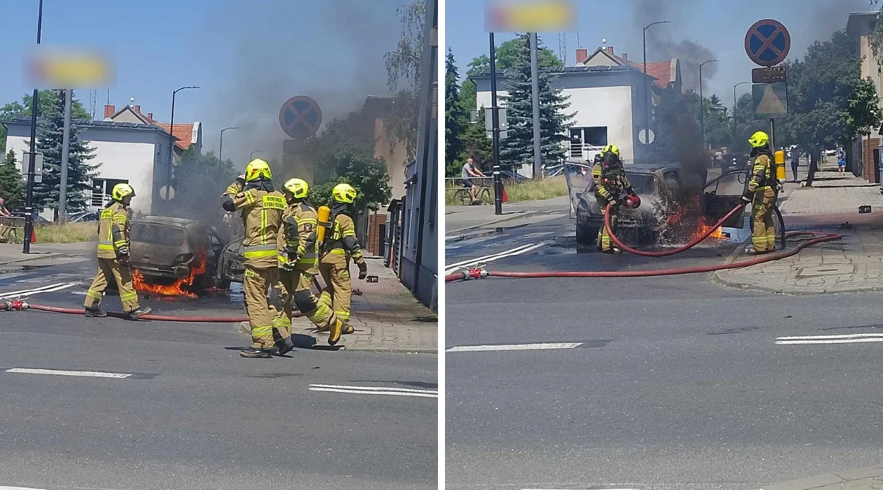 Pożar samochodu w Koźminie Wlkp. Uszkodzone znaki drogowe i okna [ZDJĘCIA] - Zdjęcie główne