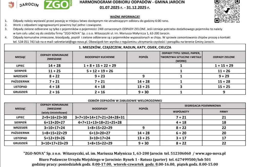 Harmonogram odbioru śmieci w gminach powiatu jarocińskiego