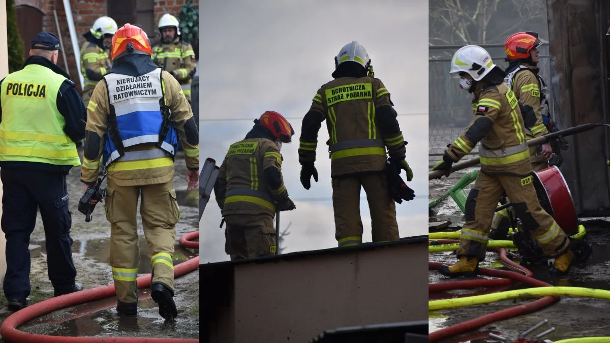 Płomienie buchały z garażu. Strażacy z PSP i OSP walczyli, aby pożar nie przeniósł się na sąsiednie budynki - Zdjęcie główne