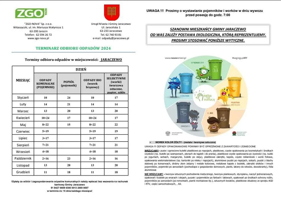 Harmonogramy odbioru odpadów w gminach powiatu jarocińskiego w 2024 r.