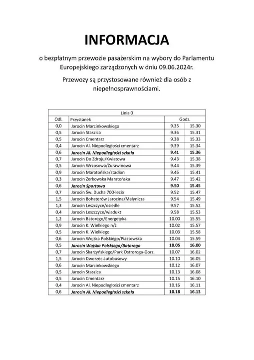 Wykaz bezpłatnych kursów wutobusów komunikacji miejskiej w dniu Eurowyborów