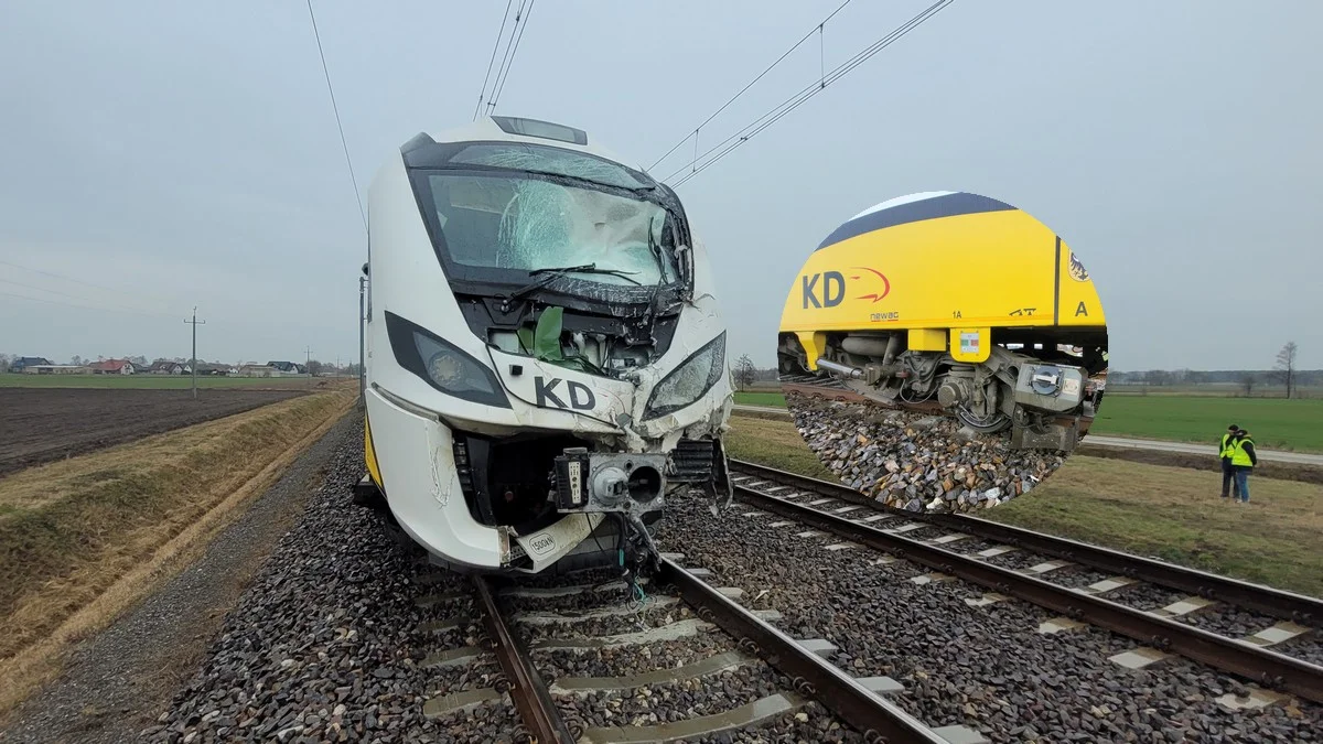 Pociąg Kolei Dolnośląskich po wypadku w Kątach (gm. Rawicz)