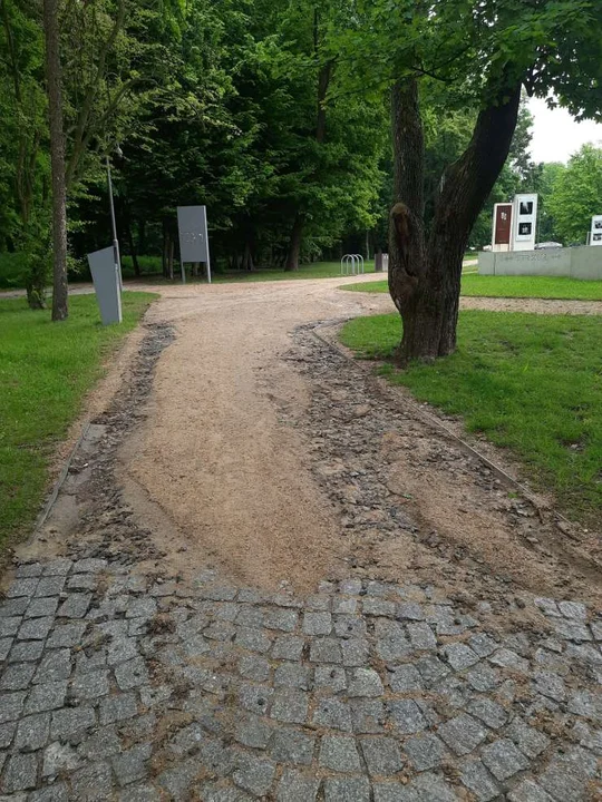 Zniszczone alejki w paku Radolińskich w Jarocinie