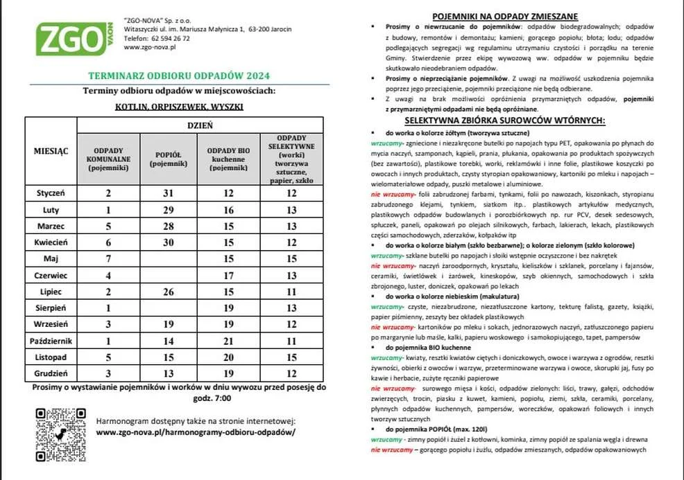 Harmonogramy odbioru odpadów w gminach powiatu jarocińskiego w 2024 r.