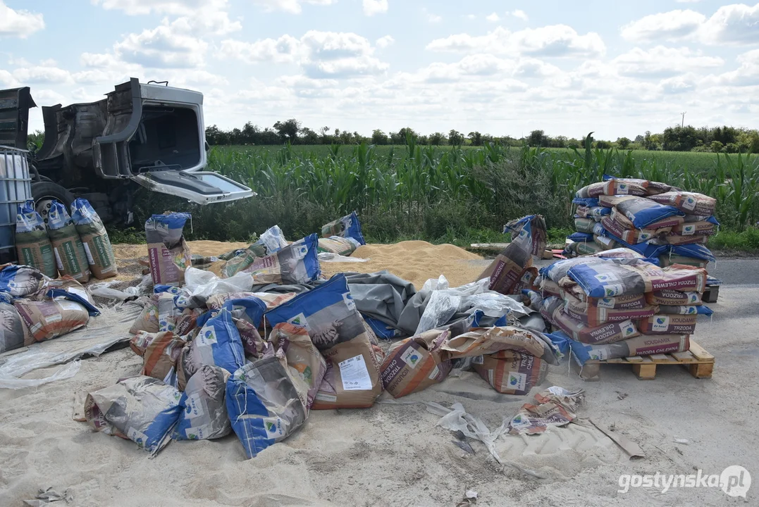 Wypadnięcie z drogi ciężarówki z paszą na trasie Wymysłowo-Krobia