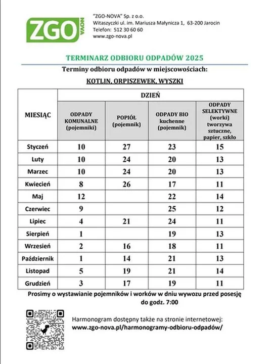 Harmonogram odbioru odpadów z gmin powiatu jarocińskiego