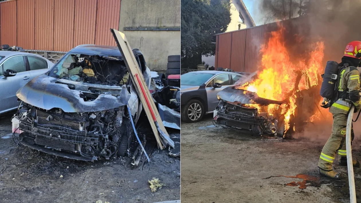 Pożar samochodu w Krotoszynie. Ogień przeniósł się na przydomowy warsztat [ZDJĘCIA] - Zdjęcie główne