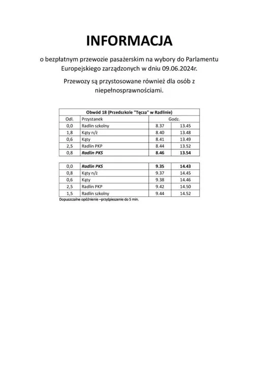 Wykaz bezpłatnych kursów wutobusów komunikacji miejskiej w dniu Eurowyborów