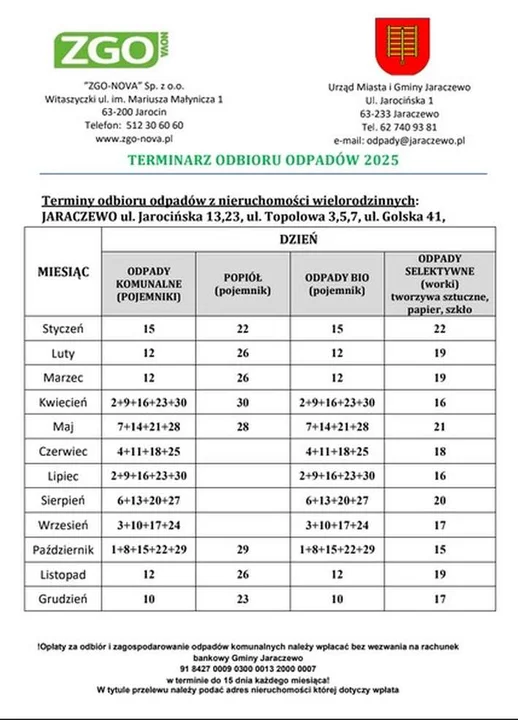 Harmonogram odbioru odpadów z gmin powiatu jarocińskiego