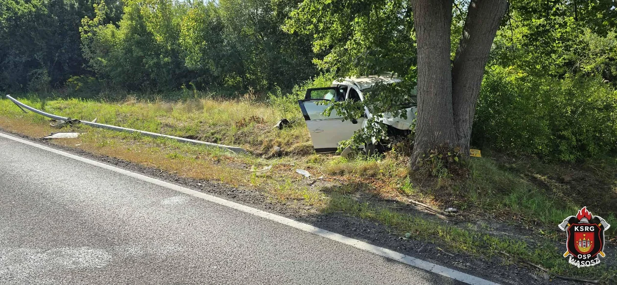Zderzenie auta z drzewem na DK36 w Wąsoszu