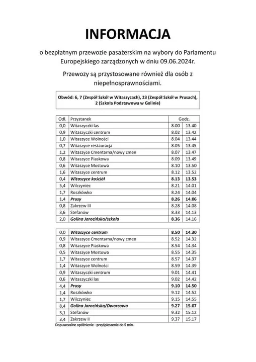 Wykaz bezpłatnych kursów wutobusów komunikacji miejskiej w dniu Eurowyborów