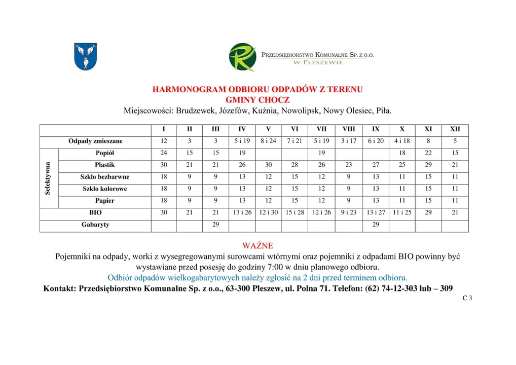 Odbiór śmieci w gminie Chocz