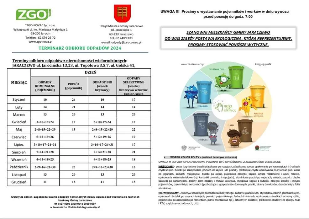 Harmonogramy odbioru odpadów w gminach powiatu jarocińskiego w 2024 r.