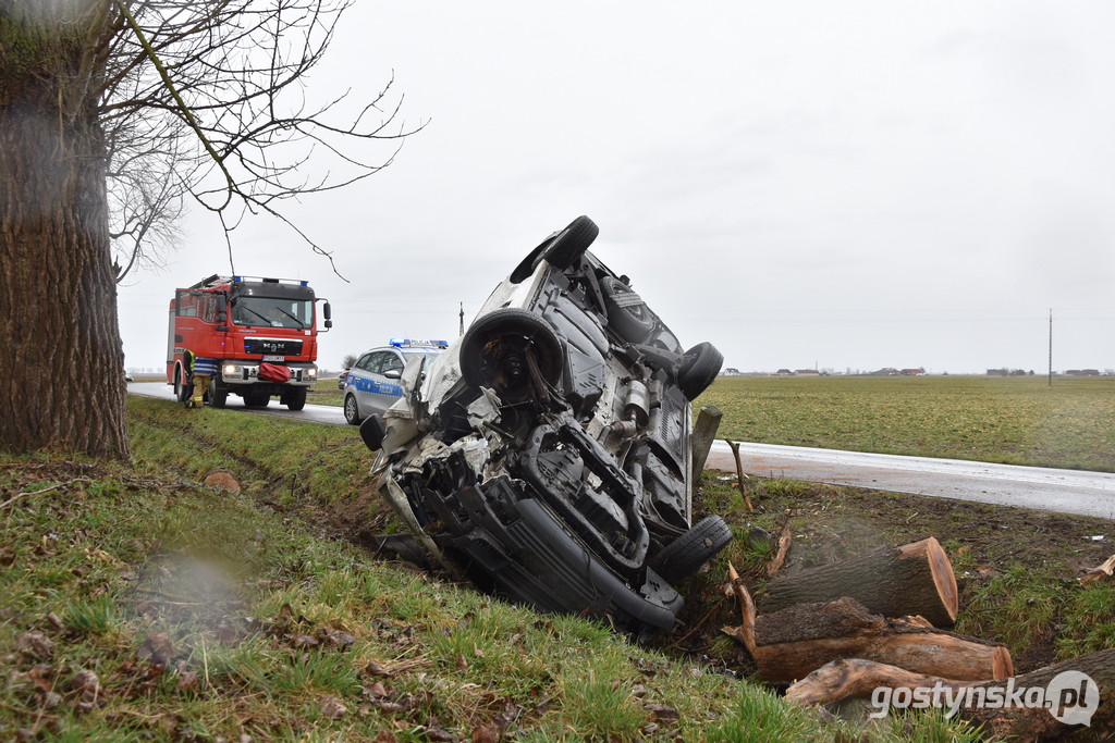 Czajkowo (gm. Gostyń). Mężczyzna na łuku drogi Gostyń - Poniec nie zapanował nad kierownicą auta i uderzył w drzewo